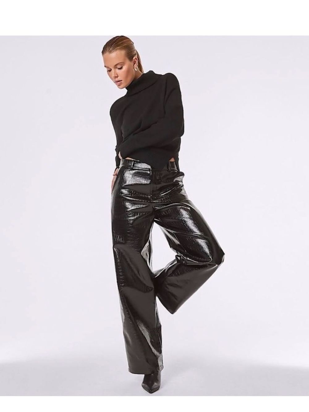 NOLI Croco Effect Faux Leather Wide Leg Pants Crocodile Black Size 8 nwt